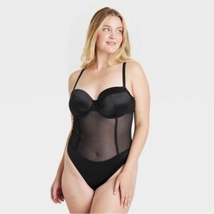 Auden Satin and Mesh Lightly Lined Black Lingerie Bodysuit - Size XL NWT